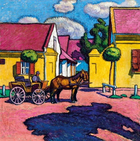 Sunlit Streer With Horse-carriage Oil Painting by Jozsef Pechan