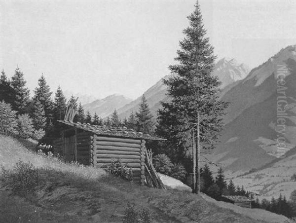 Sommertag Im Bregenzer Wald, Sennhutte Und Fichte Oil Painting by Ernst Peche