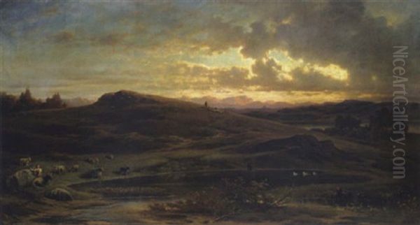 Gebirgslandschaft Bei Abendsonne Mit Hirten Oil Painting by Heinrich Freiherr von Pechmann