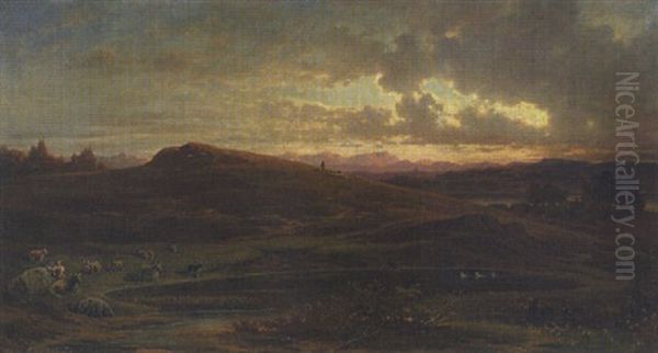 Gebirgslandschaft Bei Abendsonne Oil Painting by Heinrich Freiherr von Pechmann