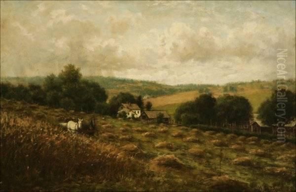 Landscape With Houses And Horses In A Hayfield Oil Painting by Hiram Reynolds Bloomer