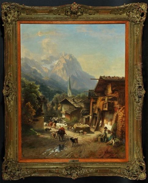 Szene Auf Der Dorfstrase In Partenkirchen Mit Personen Und Vieh Vor Den Waxensteinen Mit Zugspitze Oil Painting by August Friedrich Pecht