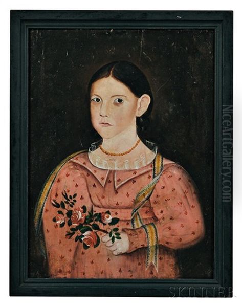 Portrait Of A Girl In A Pink Dress Holding A Rose Branch Oil Painting by Sheldon Peck