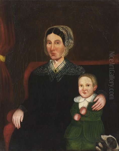 Young Mother And Son Seated On An Upholstered Settee With Dog Oil Painting by Sheldon Peck