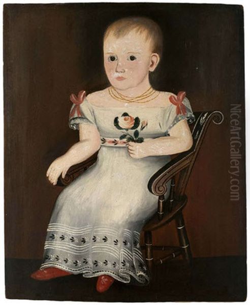 Portrait Of A Child In White Dress Holding A Rose And Seated In A Fancy Painted Scroll Back Chair Oil Painting by Sheldon Peck