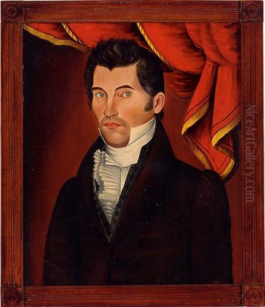 Portrait Of A Dark-haired, Blue-eyed Gentleman Wearing A Frilled White Stock, Posed Before A Red Drape With Yellow Fringe Oil Painting by Sheldon Peck