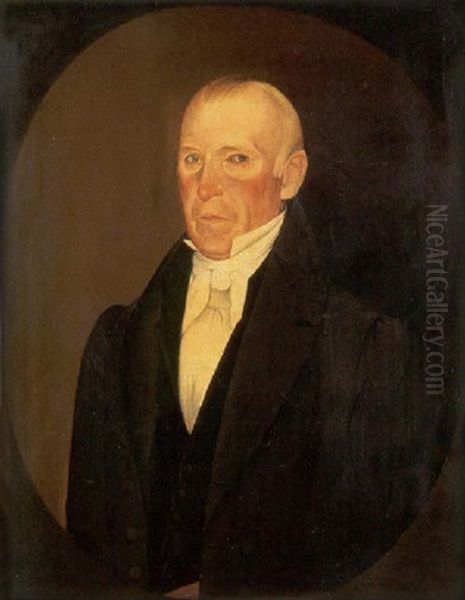 Man In White Stock And Tie With Black Vest And Jacket Within Oval Surround Oil Painting by Sheldon Peck