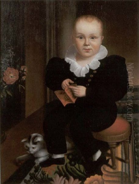 Portrait Of Boy In Blue With Brass Buttons And Lace Collar Holding A Primer Seated On A Stool Beside A Cat Oil Painting by Deacon Robert Peckham