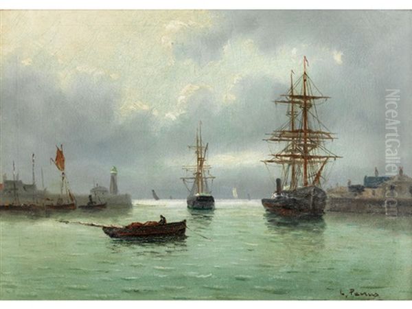 Hafenbecken Mit Anliegenden Grosen Segelschiffen Oil Painting by Charles Francois Pecrus