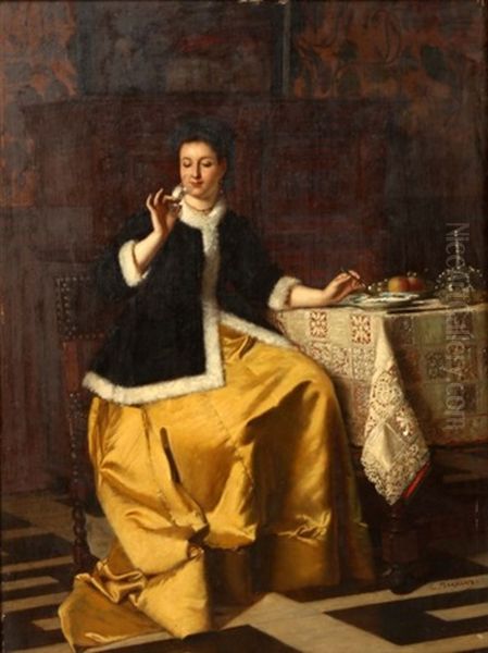 Jeune Femme Assise Pres D'un Festin Oil Painting by Charles Francois Pecrus