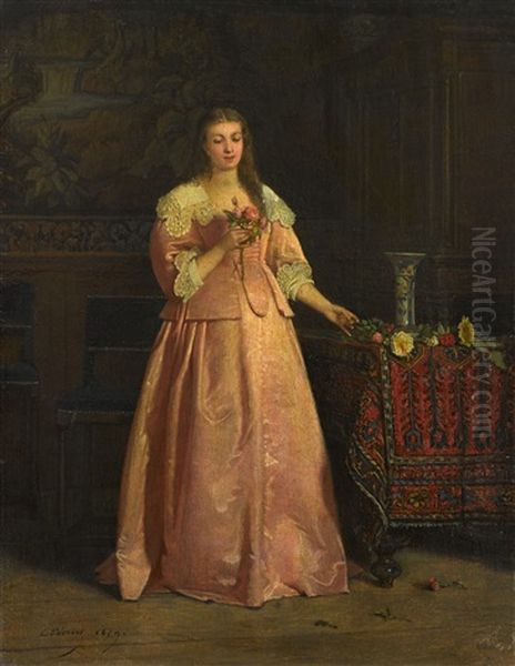 Femme Au Bouquet, Dans Un Interieur Oil Painting by Charles Francois Pecrus