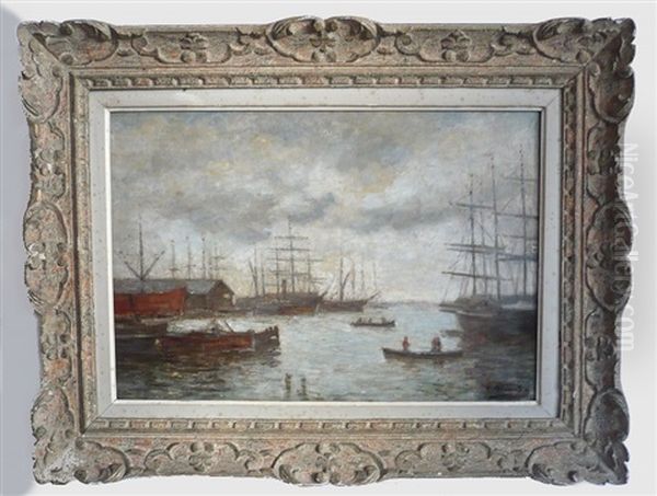 Bateaux Dans Un Port Hollandais Oil Painting by Charles Francois Pecrus