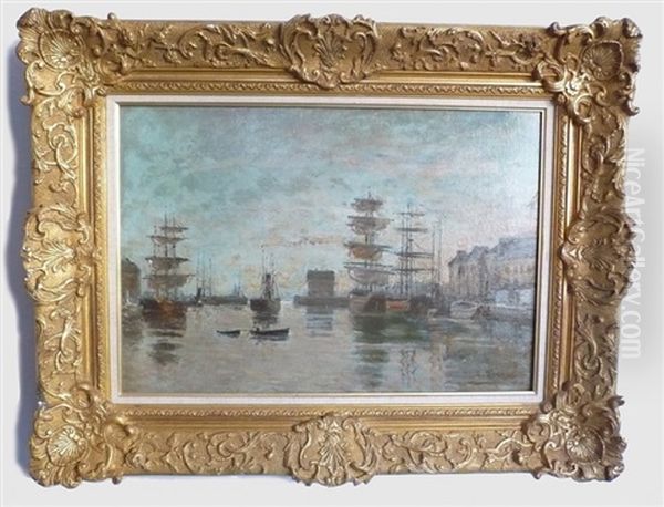 Trois Mats Au Port Oil Painting by Charles Francois Pecrus