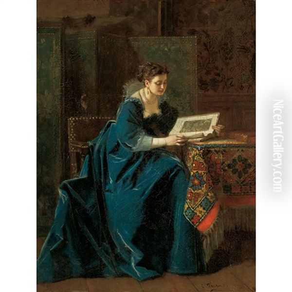 Woman Reading In An Interior Oil Painting by Charles Francois Pecrus