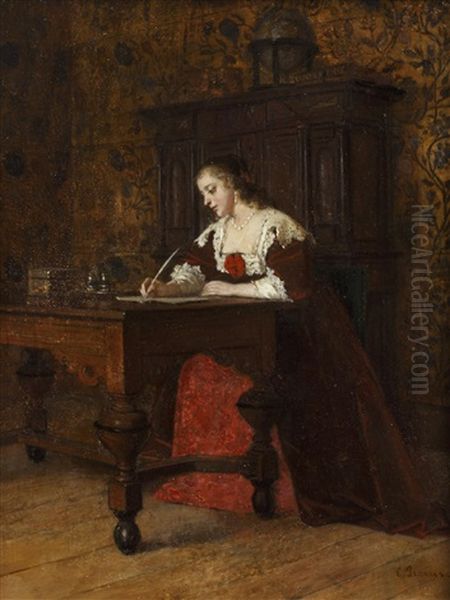 Lady Writing A Letter Oil Painting by Charles Francois Pecrus