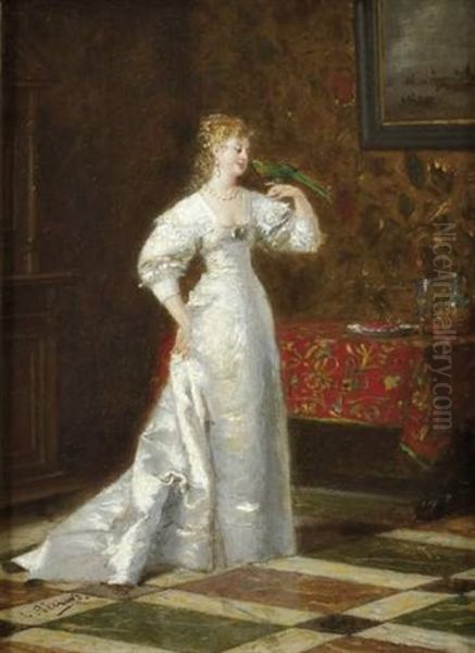 Jeune Femme Et Perruche Dans Son Interieur Oil Painting by Charles Francois Pecrus