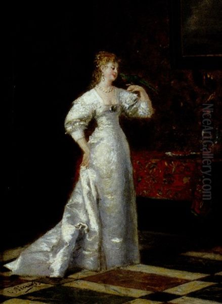 Jeune Femme Et Perruche Dans Son Interieur Oil Painting by Charles Francois Pecrus