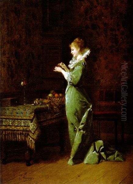 Jeune Femme A Sa Couture Dans Un Interieur Oil Painting by Charles Francois Pecrus