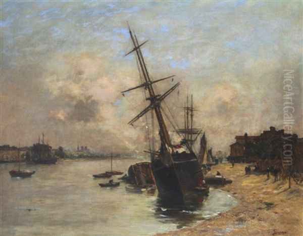 Bateaux De Peche A Maree Basse by Charles Francois Pecrus