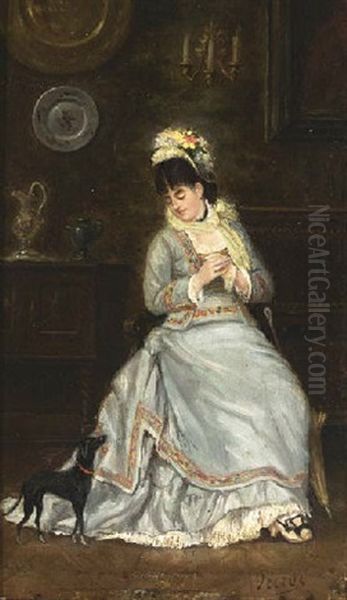 Elegant Young Lady In An Interior Oil Painting by Charles Francois Pecrus