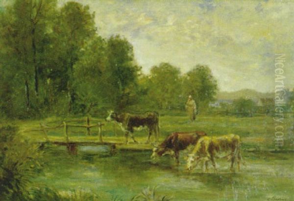 Landschaft Mit Vieh Am Teich Oil Painting by Charles Francois Pecrus