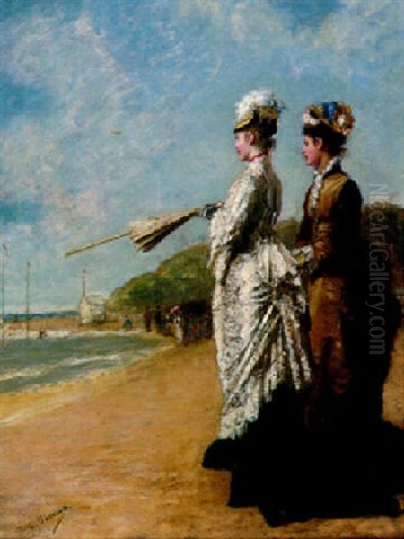 Elegant Women On The Beach Of Trouville Oil Painting by Charles Francois Pecrus