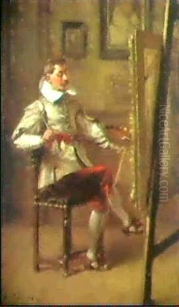 Gentilhomme En Costume Louis Xiii Assis En Train De         Peindre Devant Son Chevalet Oil Painting by Charles Francois Pecrus