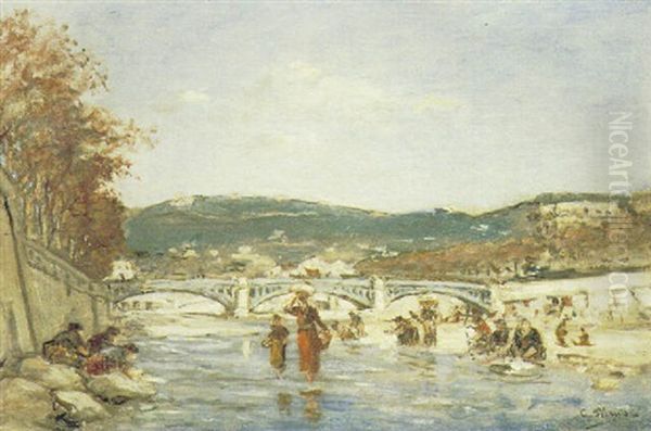 Lavandieres Au Bord Du Paillon, A Nice Oil Painting by Charles Francois Pecrus