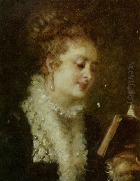 Lady In Lace Reading Oil Painting by Charles Francois Pecrus