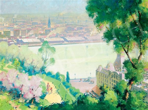 Budapest From Gellert Hill (hotel Gellert) Oil Painting by Dezsoe Pecsi Pilch