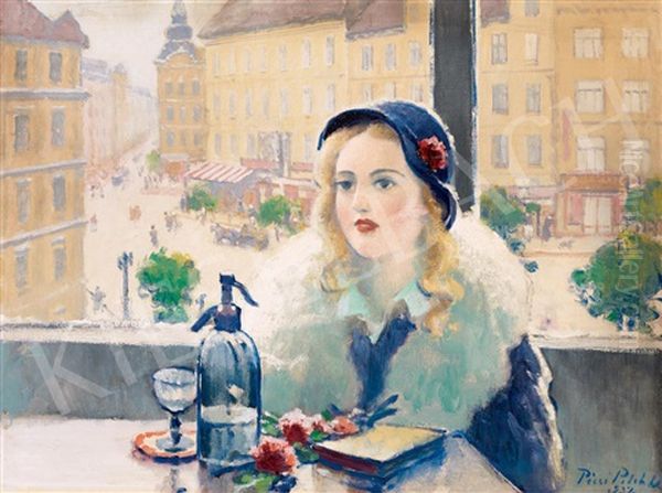 Girl With A Hat In A Cafe (in The City) Oil Painting by Dezsoe Pecsi Pilch