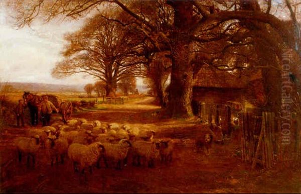 Shepherd And Flock On Sunlit Road Lined With Oaks Oil Painting by John Pedder