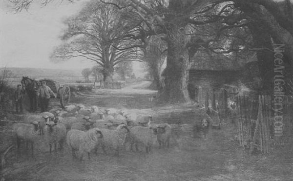 Herding Sheep In A Country Lane Oil Painting by John Pedder