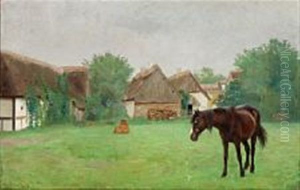 A Horse Grazing In Front Of Thatched Farmhouses Oil Painting by Ole Pedersen