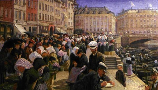 Copenhague, Le Marche Aux Poissons Oil Painting by Ole Pedersen