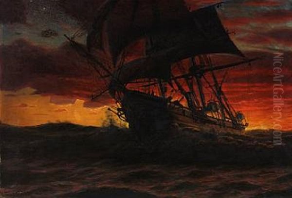 Seascape With A Sailing Ship In The Sunset Oil Painting by Thorolf Pedersen