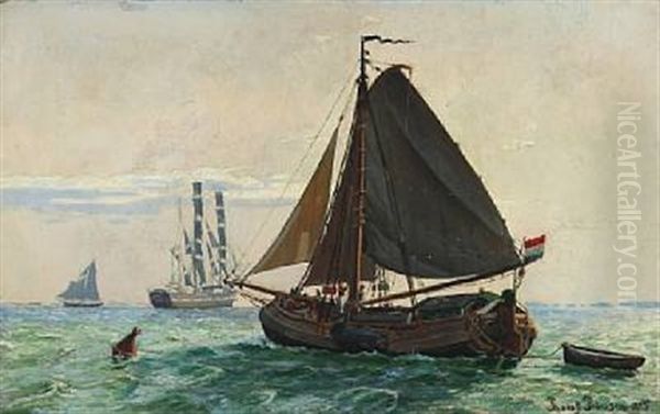 Sea Scape With A Dutch Kuf And A Warship Oil Painting by Thorolf Pedersen