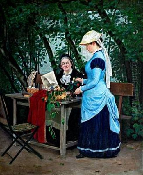 From A Vicarage Garden, A Young Woman Arranges Flowers While An Elderly Lady Watches Oil Painting by Thorolf Pedersen