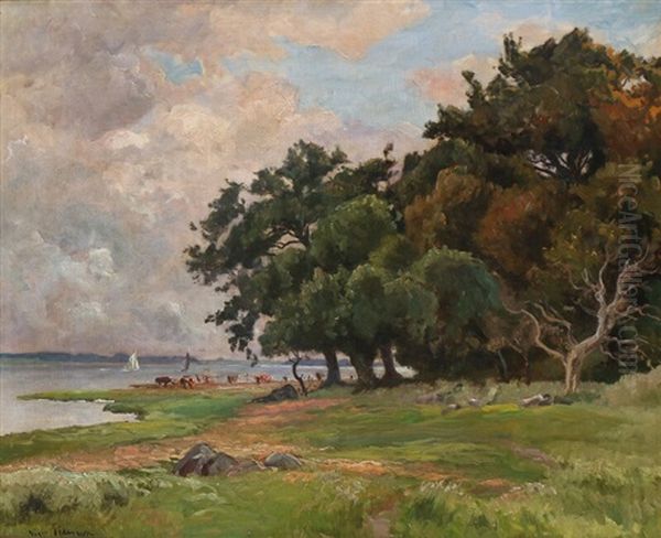 Cows Grazing On The Shore Oil Painting by Viggo Pedersen