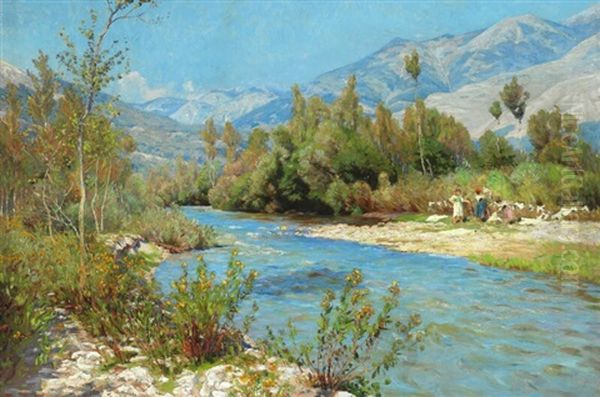 The River Liri With Washerwomen Oil Painting by Viggo Pedersen