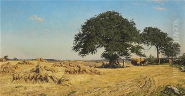 Harvest Landscape With Large Oak Trees In The Field Oil Painting by Viggo Pedersen