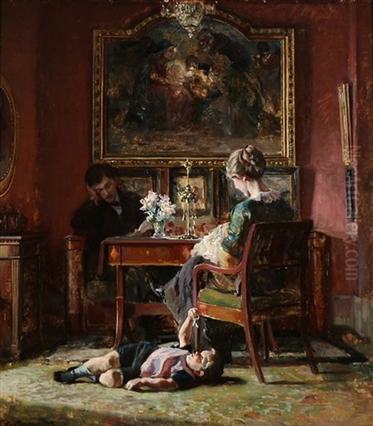 A Living Room Interior With Three Figures Oil Painting by Viggo Pedersen