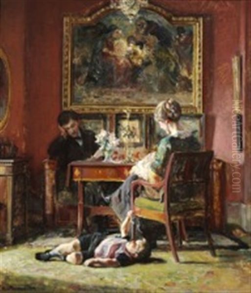 A Living Room Interior With Three Figures Oil Painting by Viggo Pedersen