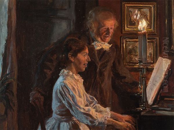 Anna Ancher At The Piano Oil Painting by Viggo Pedersen