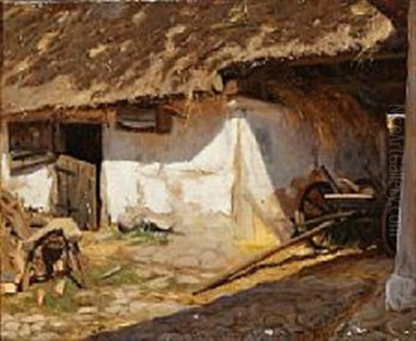 A Sunlit Thatched Cottage Oil Painting by Viggo Pedersen