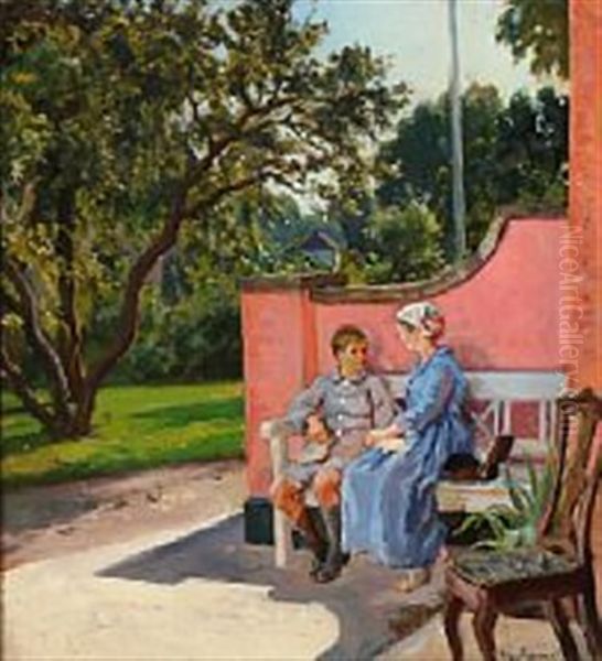 A Boy And A Woman Sitting On A Bench In Front Of A House, Summer Oil Painting by Viggo Pedersen