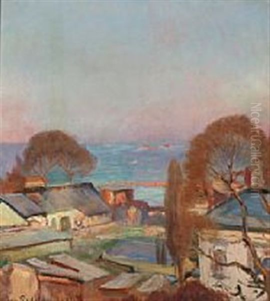 Rooftop View With The Sea In The Background Oil Painting by Viggo Pedersen