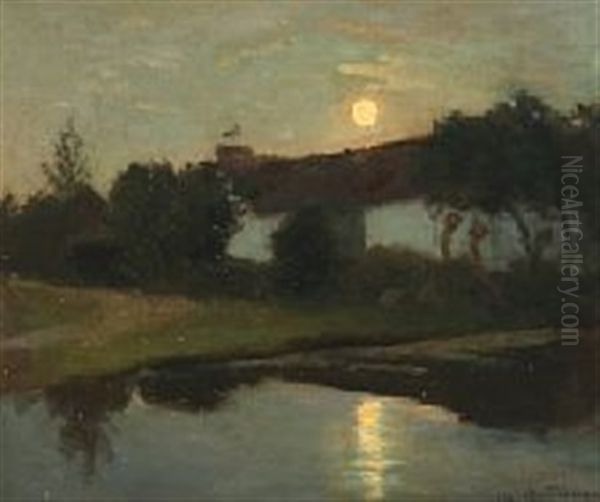 Moonlight Landscape With Stork On A Rooftop Oil Painting by Viggo Pedersen