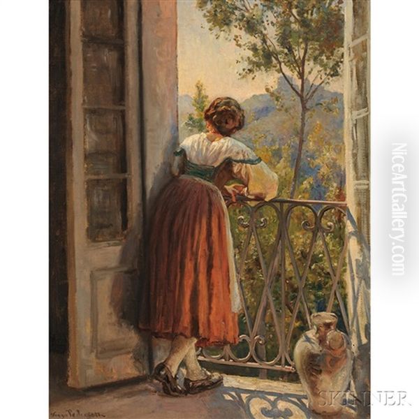 Woman At A Balcony Window Oil Painting by Viggo Pedersen