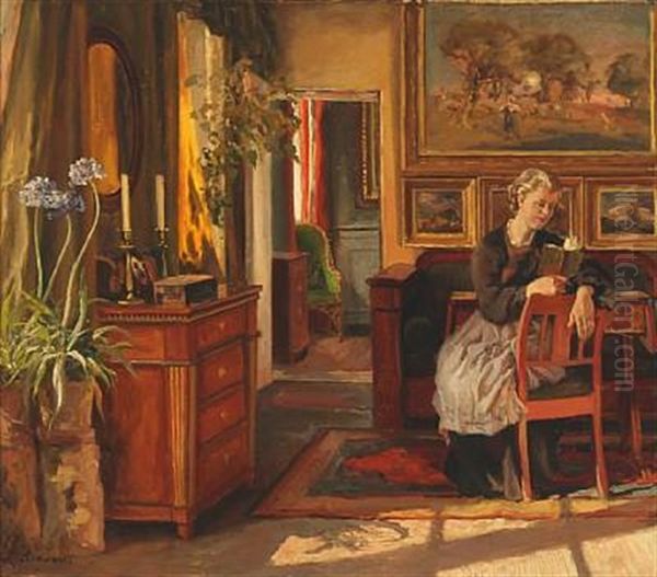 Interior With The Artist's Wife Reading, Sitting In Their Home Oil Painting by Viggo Pedersen